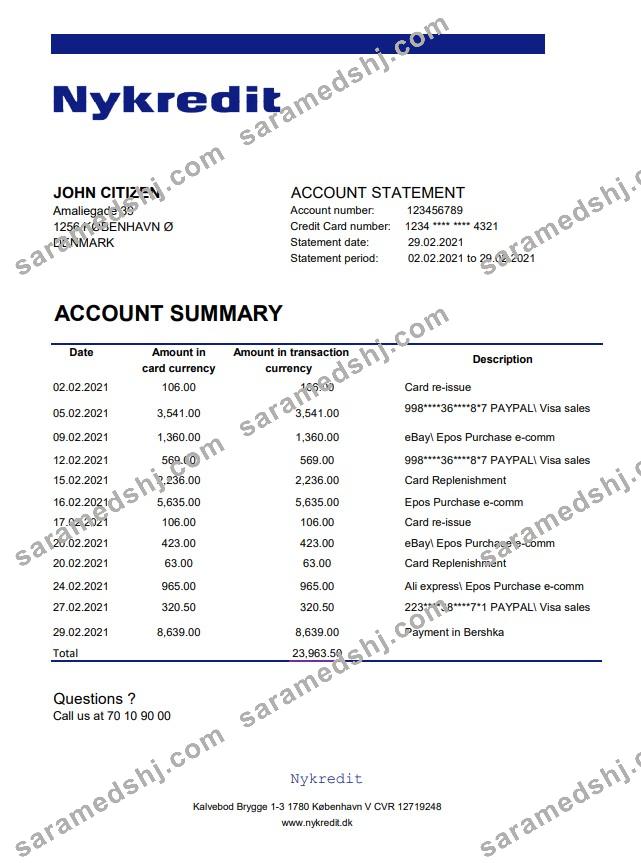 Denmark Nykredit bank statement easy to fill template in .xls and .pdf file format